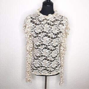Anthropologie Dolan tan white floral lace puff shoulder sheer top size Medium